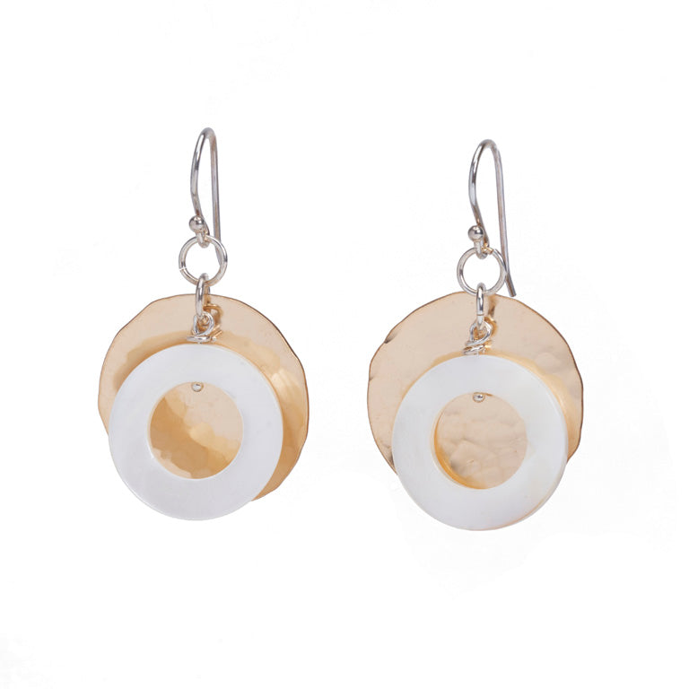 Hammered Gold-filled Disc with Mother-of-Pearl Hoop Earrings