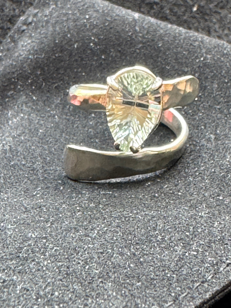 Green Amethyst Adjustable Bypass Hammered Silver Ring
