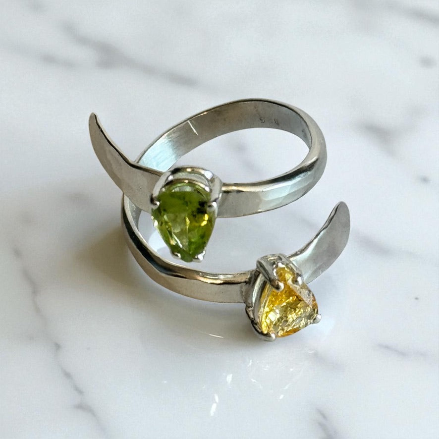 Citrine and Peridot Pear Adjustable Bypass Hammered Silver Ring