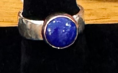 Gold Bezel Set Blue Lapiz Hammered Silver Ring