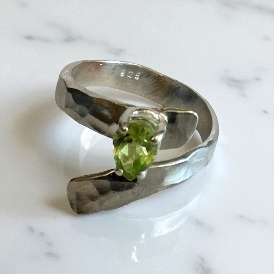 Peridot Pear Adjustable Bypass Hammered Silver Ring