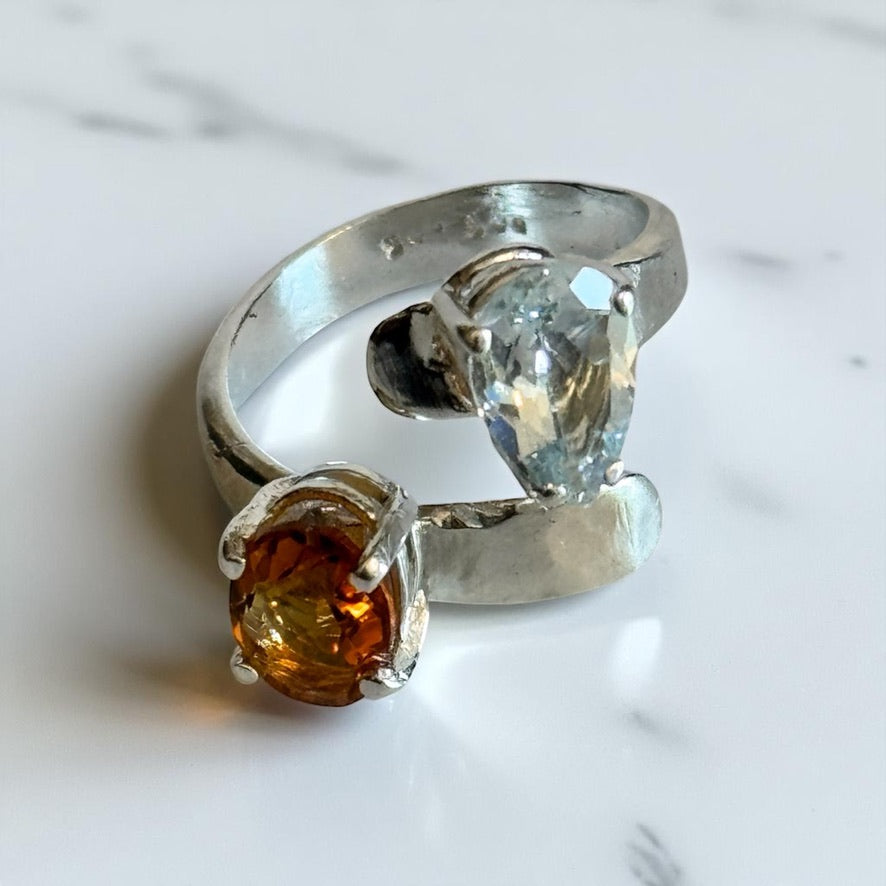 Blue and Yellow Topaz Adjustable Bypass Hammered Silver Ring