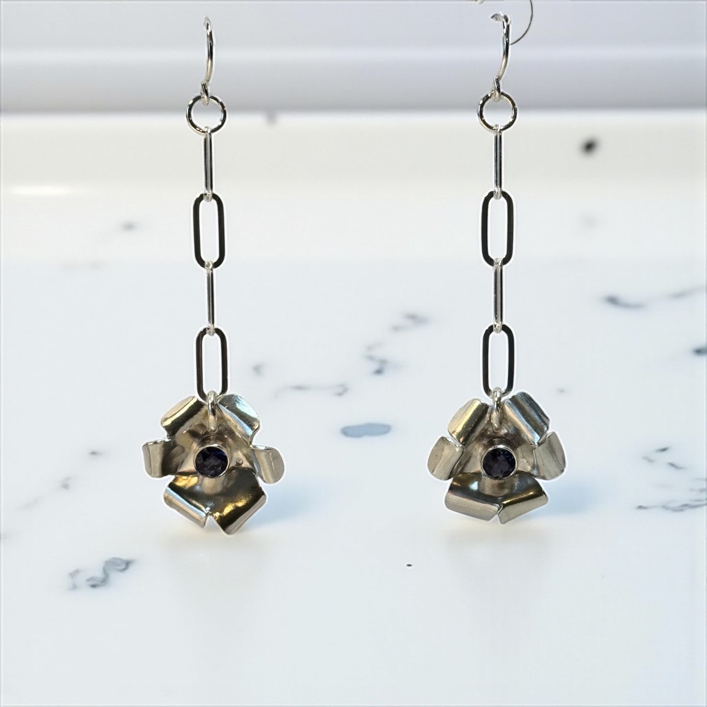 Brilliant Blossoms Medium Dangle Chain Blue Amethyst Earrings