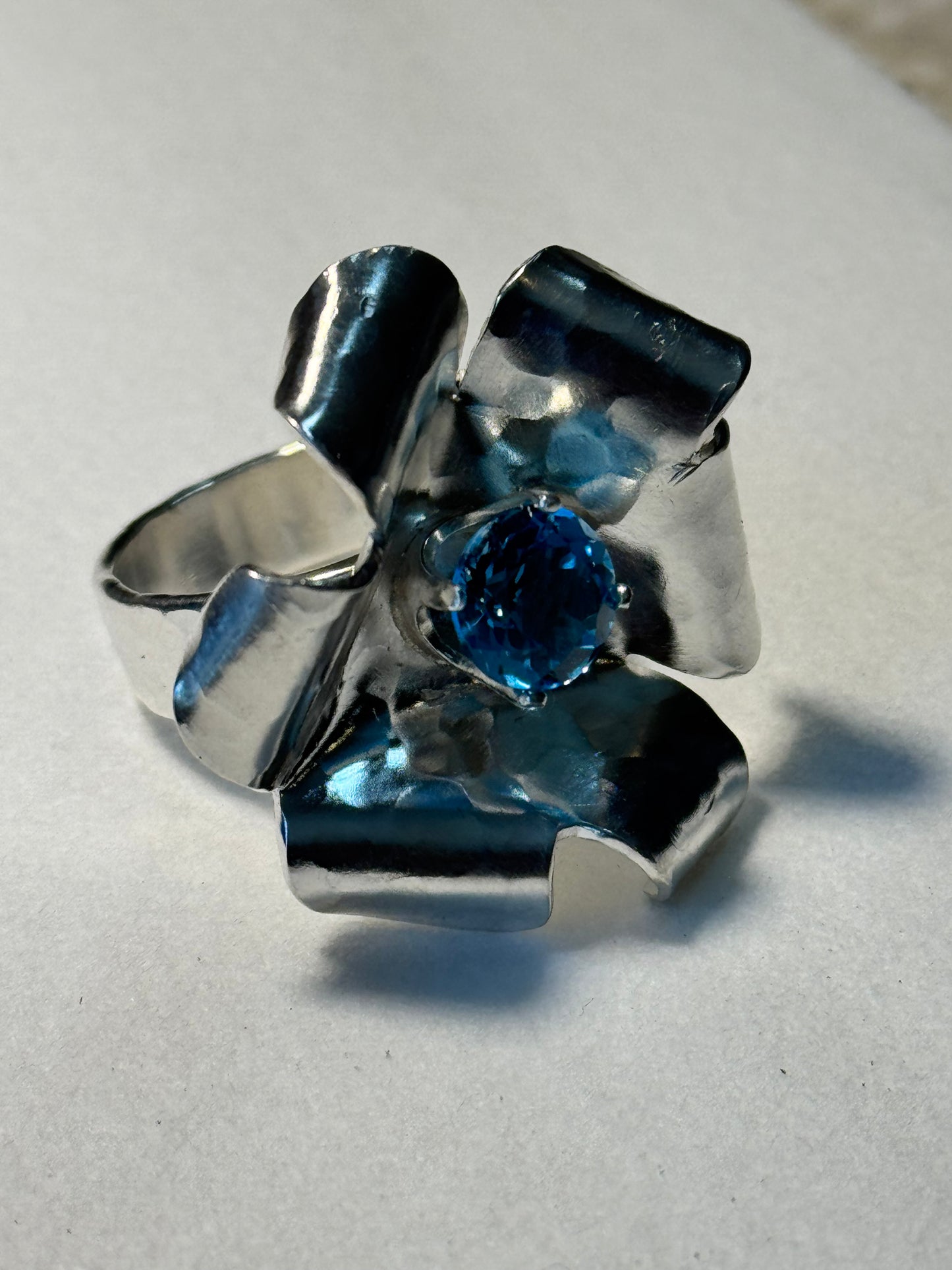 Brilliant Blossom Blue Topaz Ring - Large, Wide Band