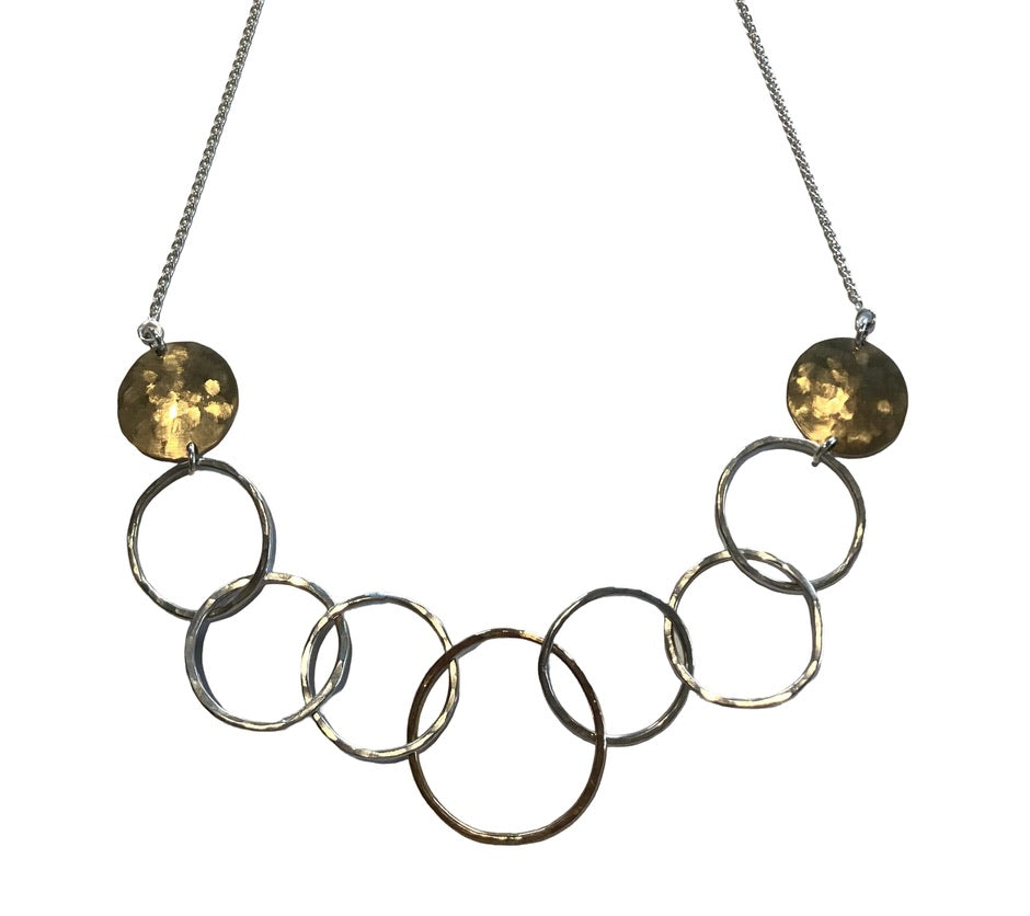 Hammered Discs & Hoops of Silver and Gold-filled Necklace - 26"
