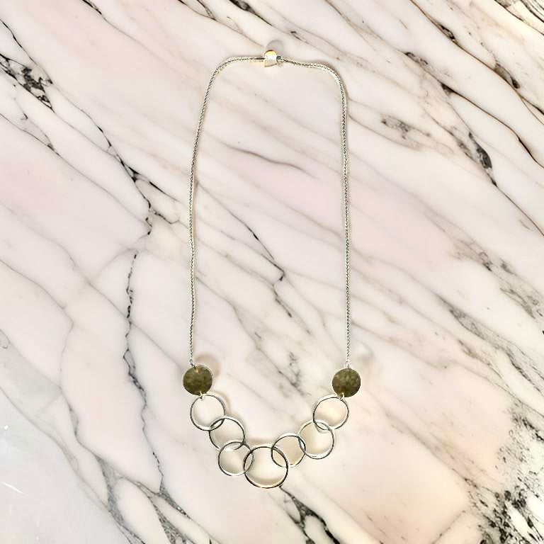 Hammered Discs & Hoops of Silver and Gold-filled Necklace - 26"