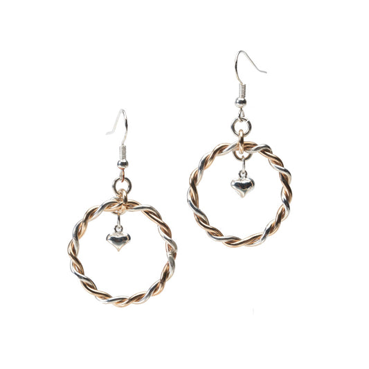 Twisted Gold & Silver Hoop Earrings with puffed heart drop