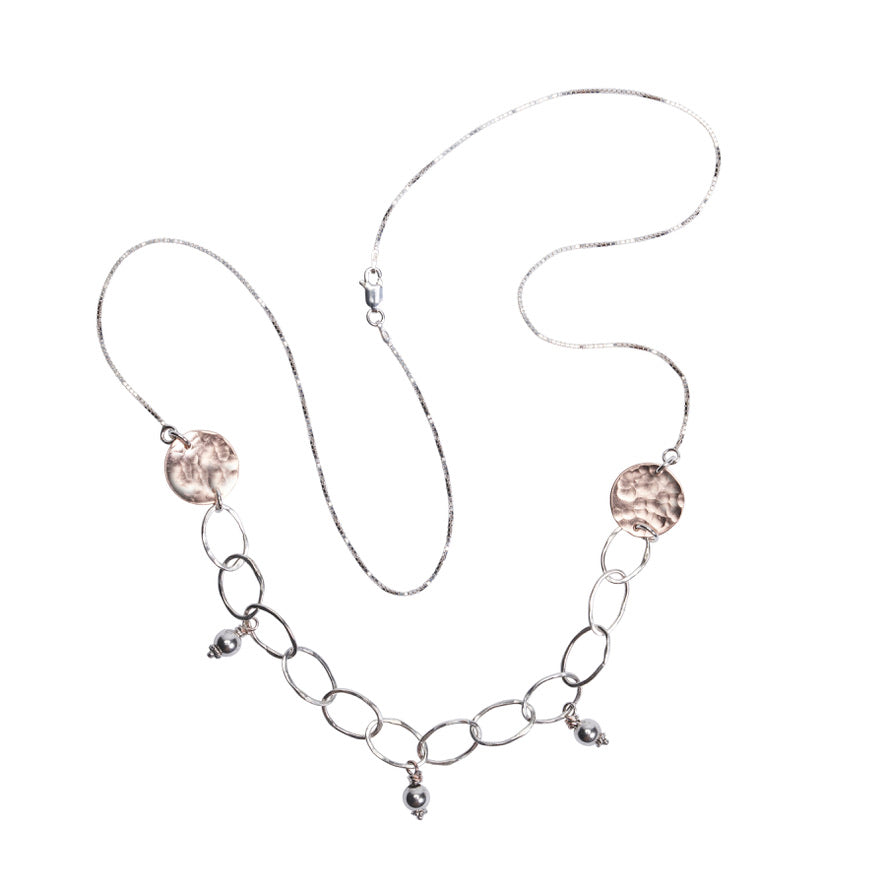 Silver Bead Drop Oval and Disc Necklace