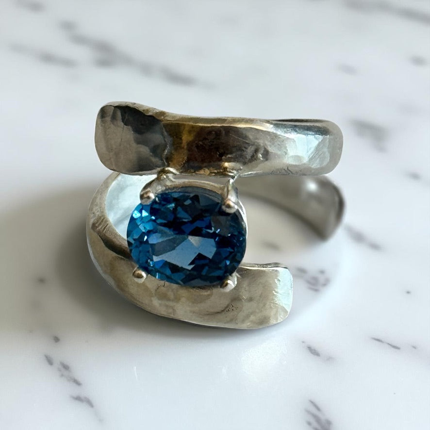 London Blue Topaz Bypass Hammered Silver Ring