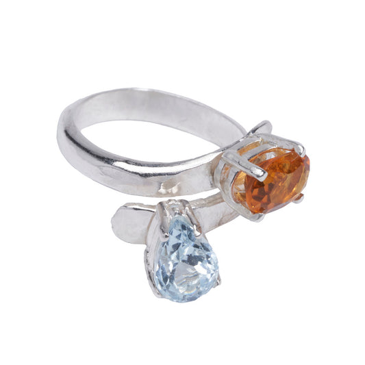 Blue and Yellow Topaz Adjustable Bypass Hammered Silver Ring
