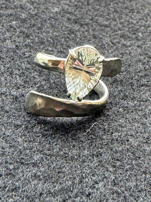 Green Amethyst Adjustable Bypass Hammered Silver Ring