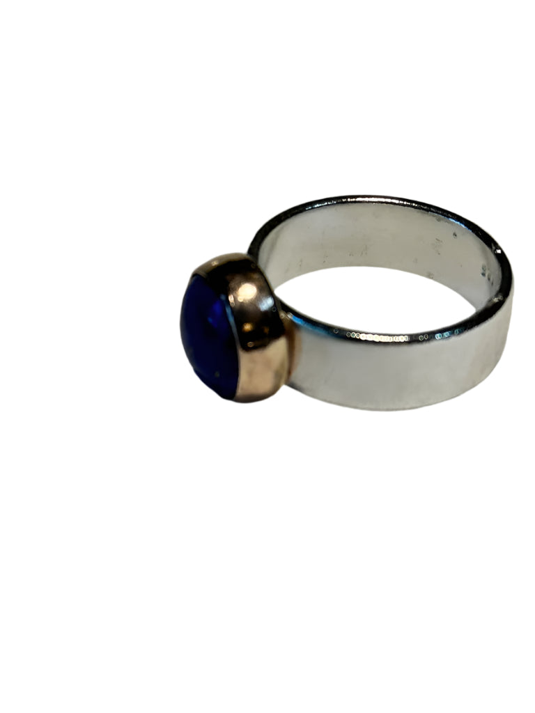Gold Bezel Set Blue Lapiz Hammered Silver Ring