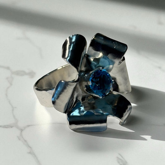 Brilliant Blossom Blue Topaz Ring - Large, Wide Band