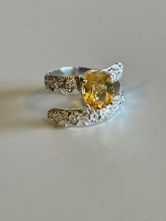 Topaz Adjustable Bypass Embossed Floral Silver Band Ring