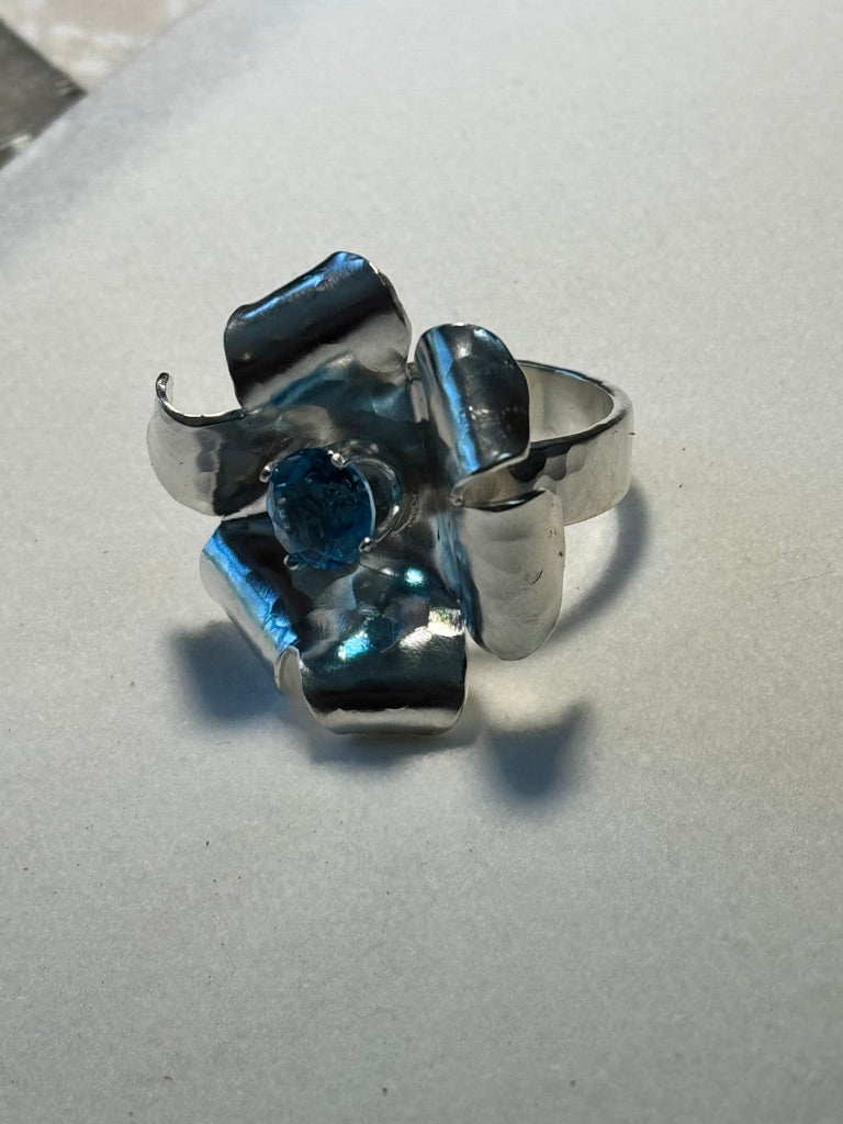 Brilliant Blossom Blue Topaz Ring - Large, Wide Band