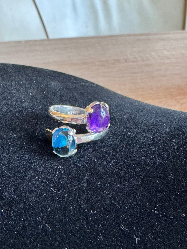 Blue Topaz and Amethyst Adjustable Bypass Hammered Silver Ring