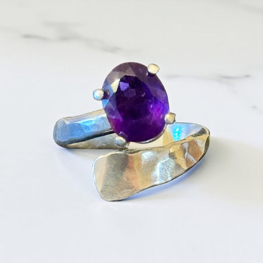 Amethyst Adjustable Bypass Hammered Silver Ring
