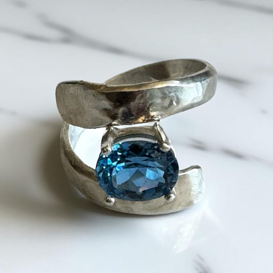 London Blue Topaz Bypass Hammered Silver Ring