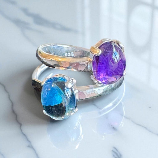 Blue Topaz and Amethyst Adjustable Bypass Hammered Silver Ring
