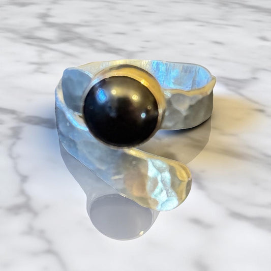Onyx Adjustable Bypass Hammered Silver Ring