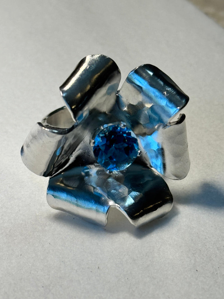 Brilliant Blossom Blue Topaz Ring - Large, Wide Band