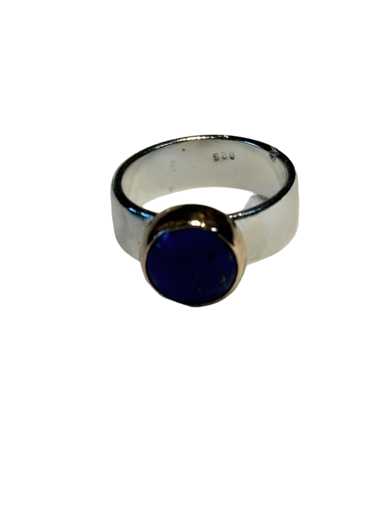 Gold Bezel Set Blue Lapiz Hammered Silver Ring