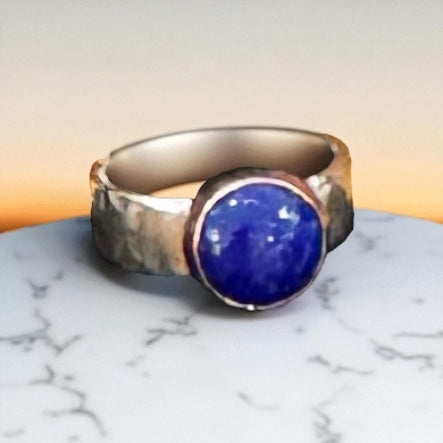 Gold Bezel Set Blue Lapiz Hammered Silver Ring