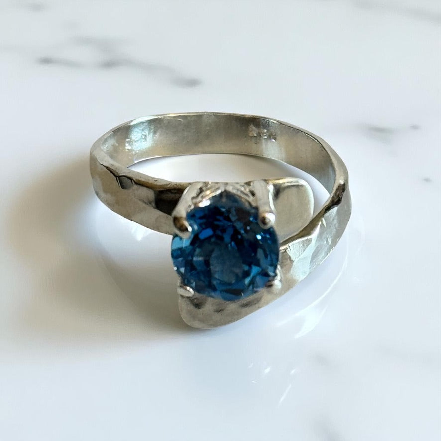 Blue Topaz Adjustable Bypass Hammered Silver Ring