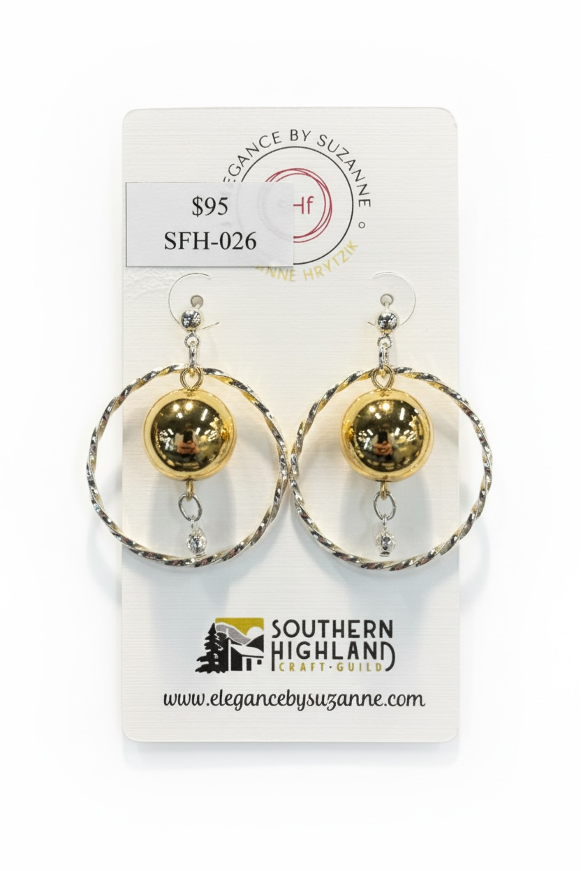 Twisted Silver Hoop with Gold Ball Dangle Earrings