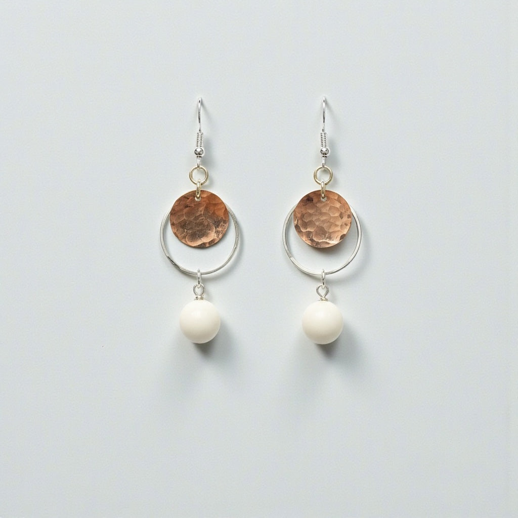 Hammered Gold Disc on Sterling silver hoop with Peruvian opal bead earrings