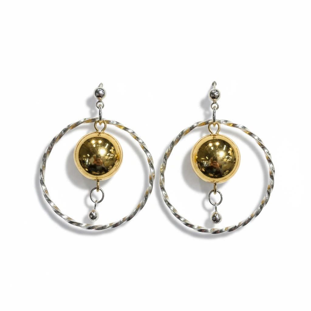 Twisted Silver Hoop with Gold Ball Dangle Earrings