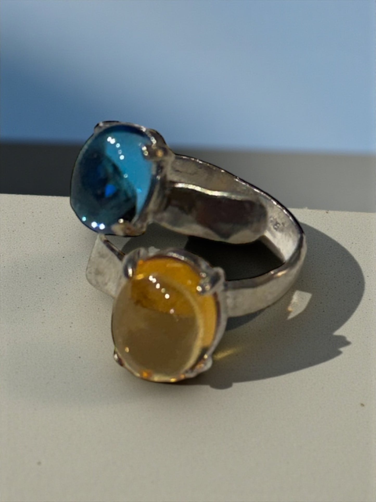 Adjustable Bypass Blue and Yellow Topaz Ring