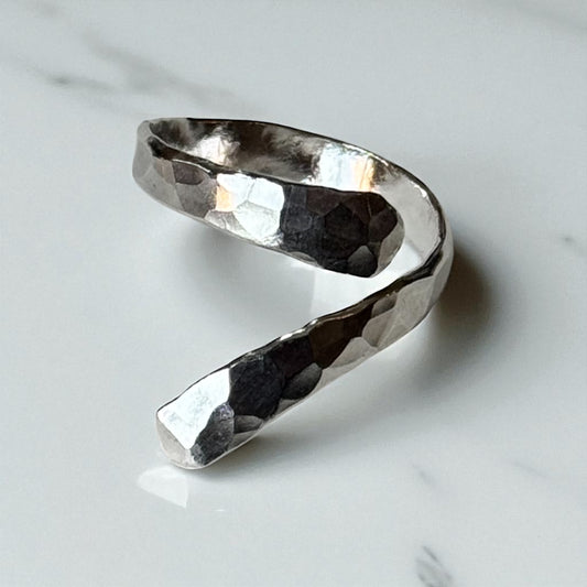 Adjustable bypass, snake ring, hammered sterling silver