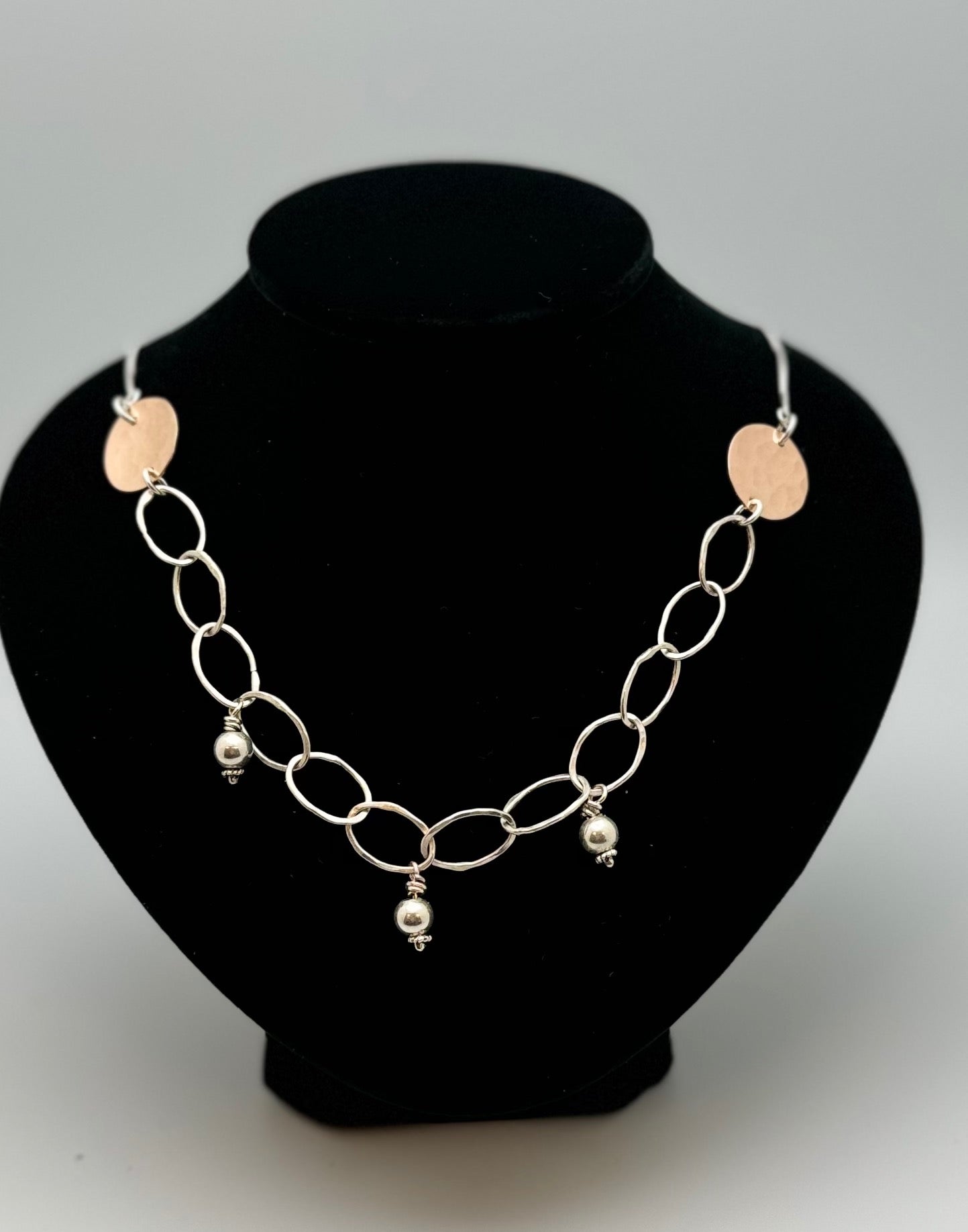 Silver Bead Drop Oval and Disc Necklace