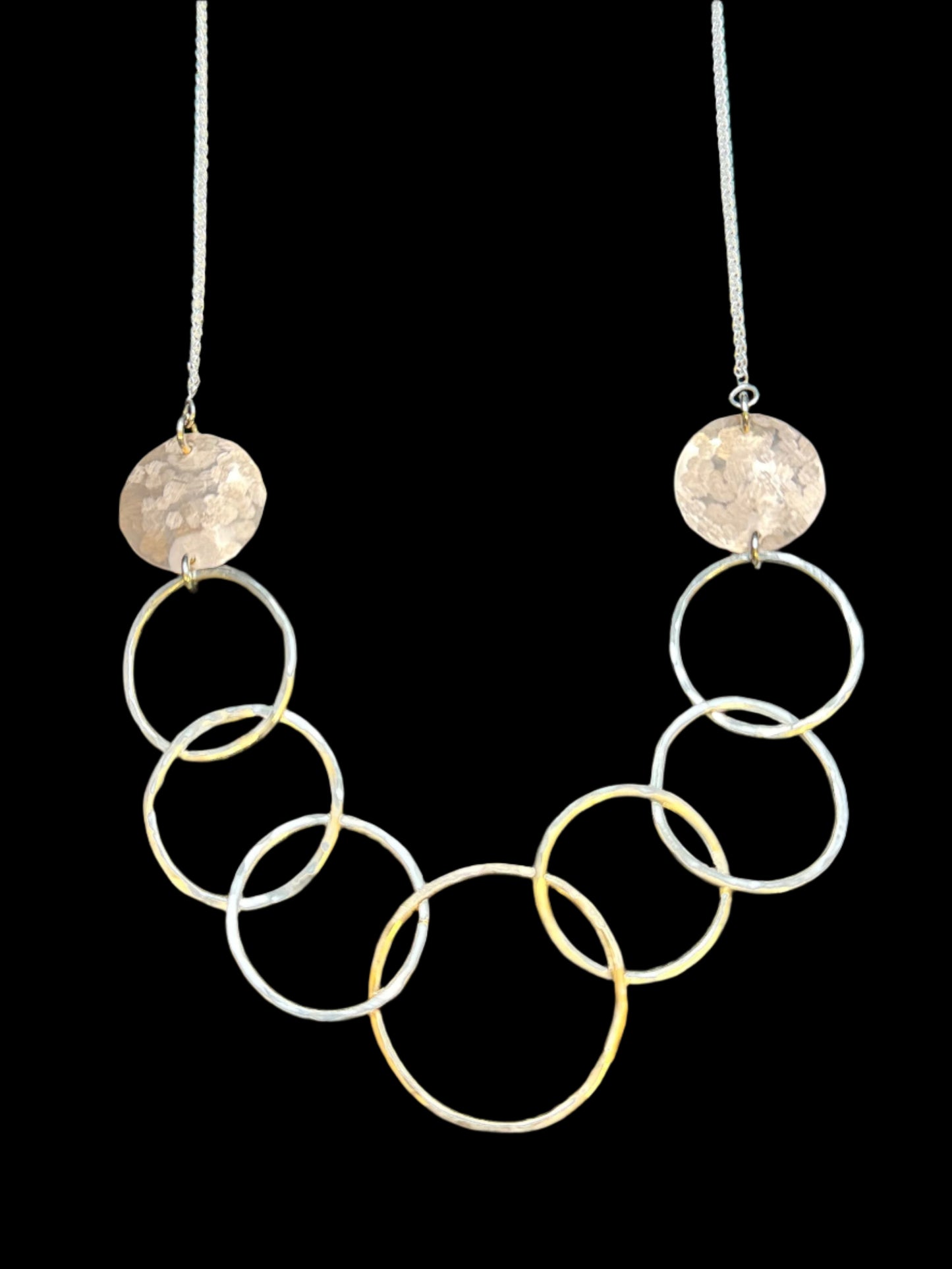 Hammered Discs & Hoops of Silver and Gold-filled Necklace - 26"