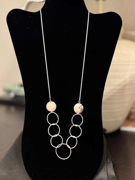 Hammered Discs & Hoops of Silver and Gold-filled Necklace - 26"