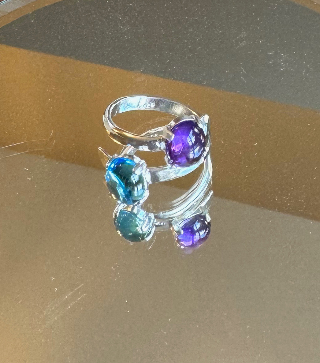 Blue Topaz and Amethyst Adjustable Bypass Hammered Silver Ring
