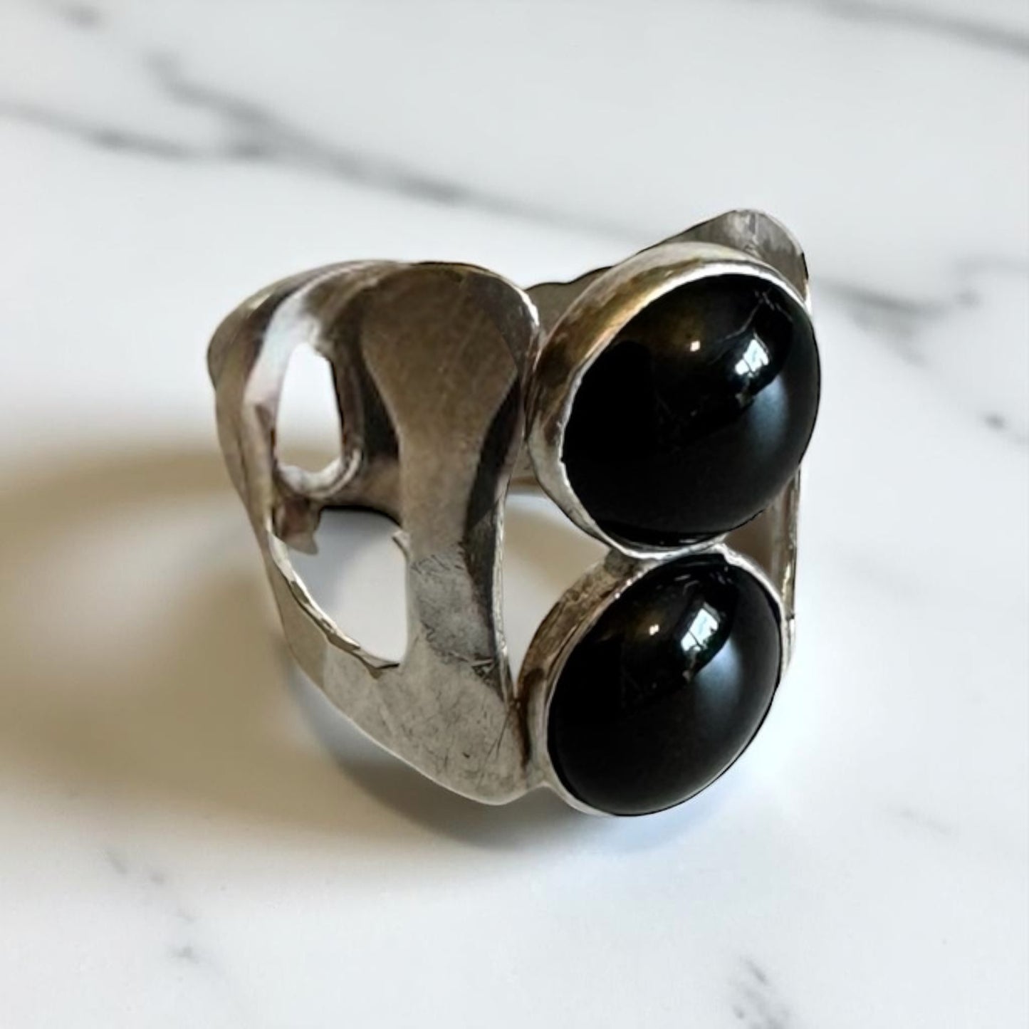 Open Sculptured Black Onyx Ring in Sterling Silver