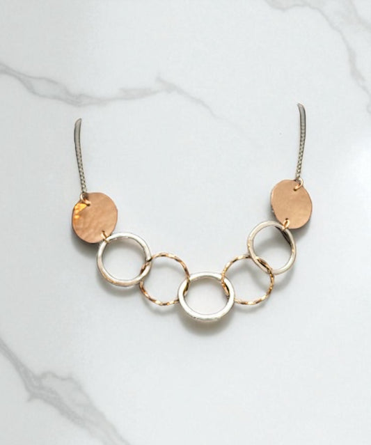 Hammered Discs & Hoops of Silver and Twirled Gold-filled Necklace