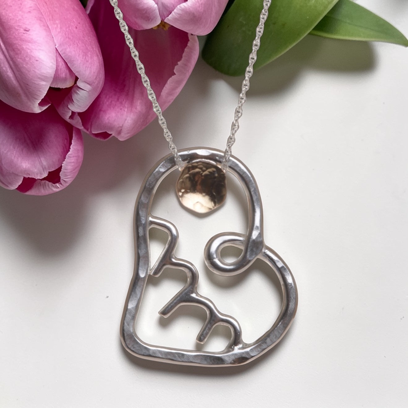 “Asheville Strong Mountain Sunset” Love & Friendship Heart, Sterling Silver with Gold Sunset Necklace (Small) 18”